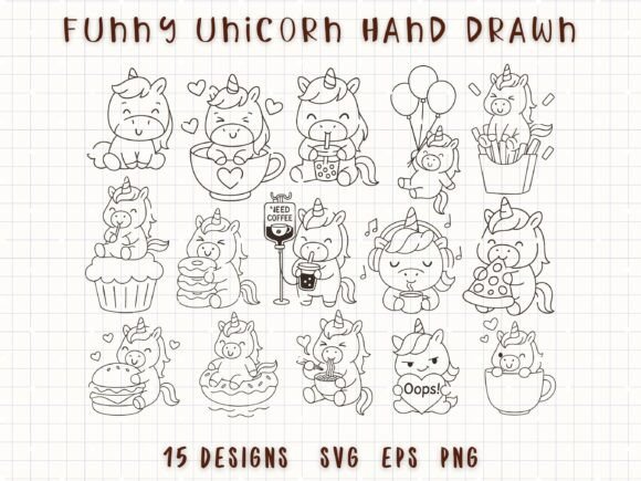 Kawaii and Funny Unicorn Doodle Line Art for Real Crafting